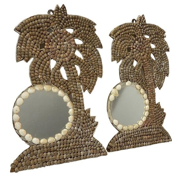 Pair of Seashell Mirrors Palm Tree 17 x 12" Bathroom Tiki Decor - Picture 1 of 10